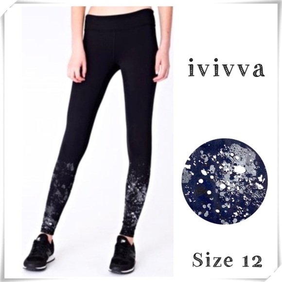 IVIVVA Rhythmic Splatter Metallic Paint Print Full Lengths Leggings Tights Black - Picture 1 of 9